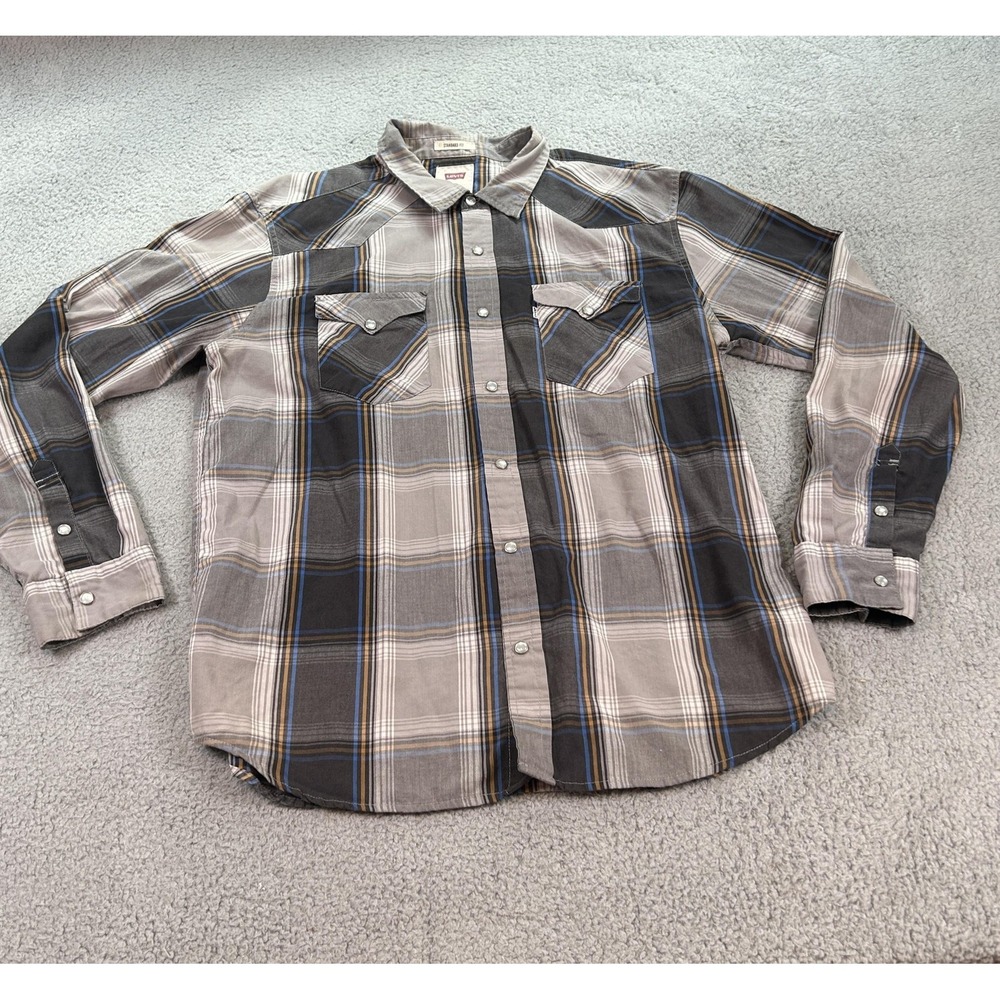 Levis Shirt Mens Large Plaid Western Pearl Snap Standard Fit Long Sleeve
